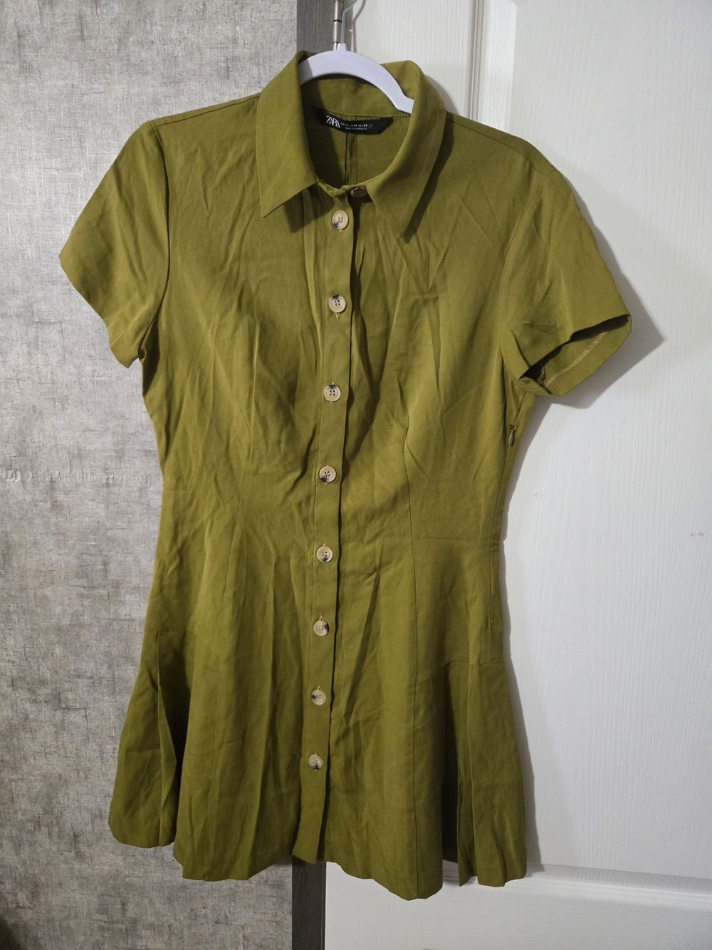 Zara Olive Short Sleeve Button-Down Top